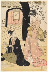 若い武士とアーチェリーを練習する女性アテンダント、ディプティクの半分、1800年頃（カラー木版印刷）（499358とペア） 作： Utagawa Toyokuni